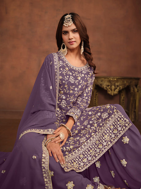 Faux Georgette Light Lavender Embellished Salwar Kameez