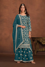 Faux Georgette Teal Embellished Salwar Kameez