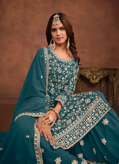 Faux Georgette Teal Embellished Salwar Kameez