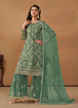 Sea Green Net Embroidered Trendy Salwar Suit
