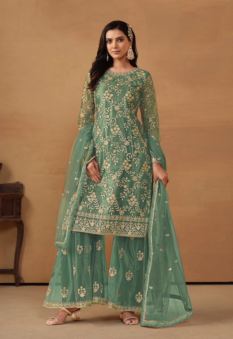 Sea Green Net Embroidered Trendy Salwar Suit