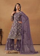 Purple Net Embroidered Trendy Salwar Suit