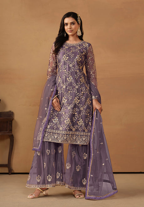 Purple Net Embroidered Trendy Salwar Suit