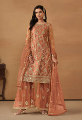 Light Rust Net Embroidered Trendy Salwar Suit