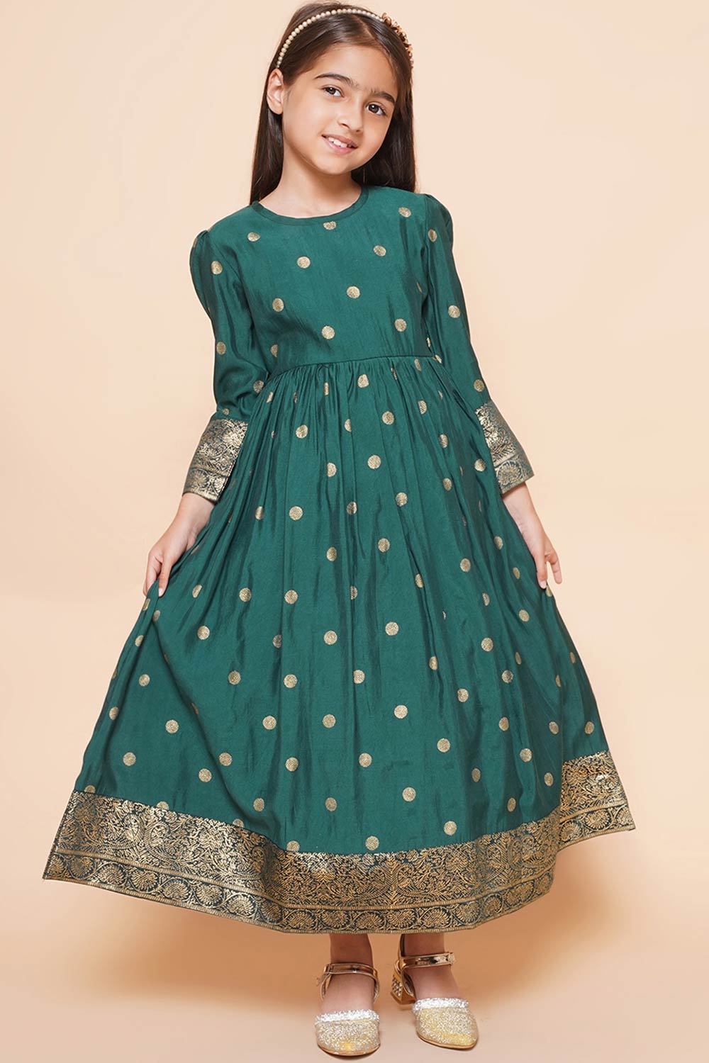 Green Polyester Printed Flared Round Neck Dresses