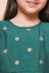 Green Polyester Printed Flared Round Neck Dresses