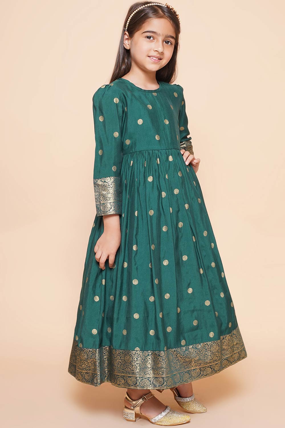 Green Polyester Printed Flared Round Neck Dresses