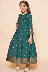 Green Polyester Printed Flared Round Neck Dresses