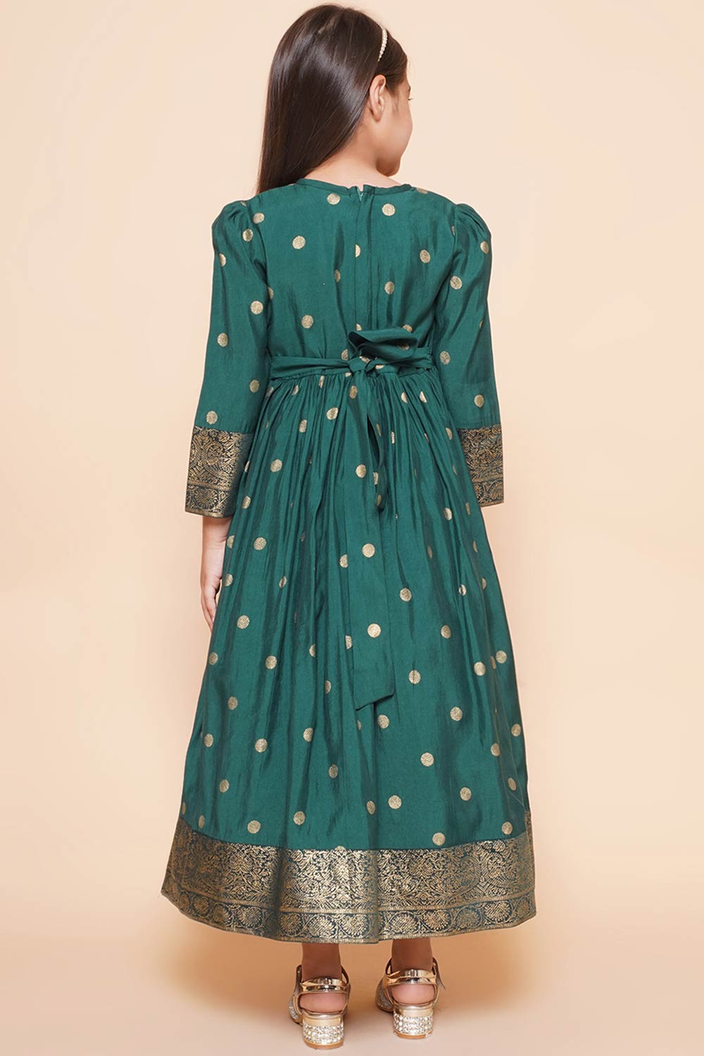 Green Polyester Printed Flared Round Neck Dresses