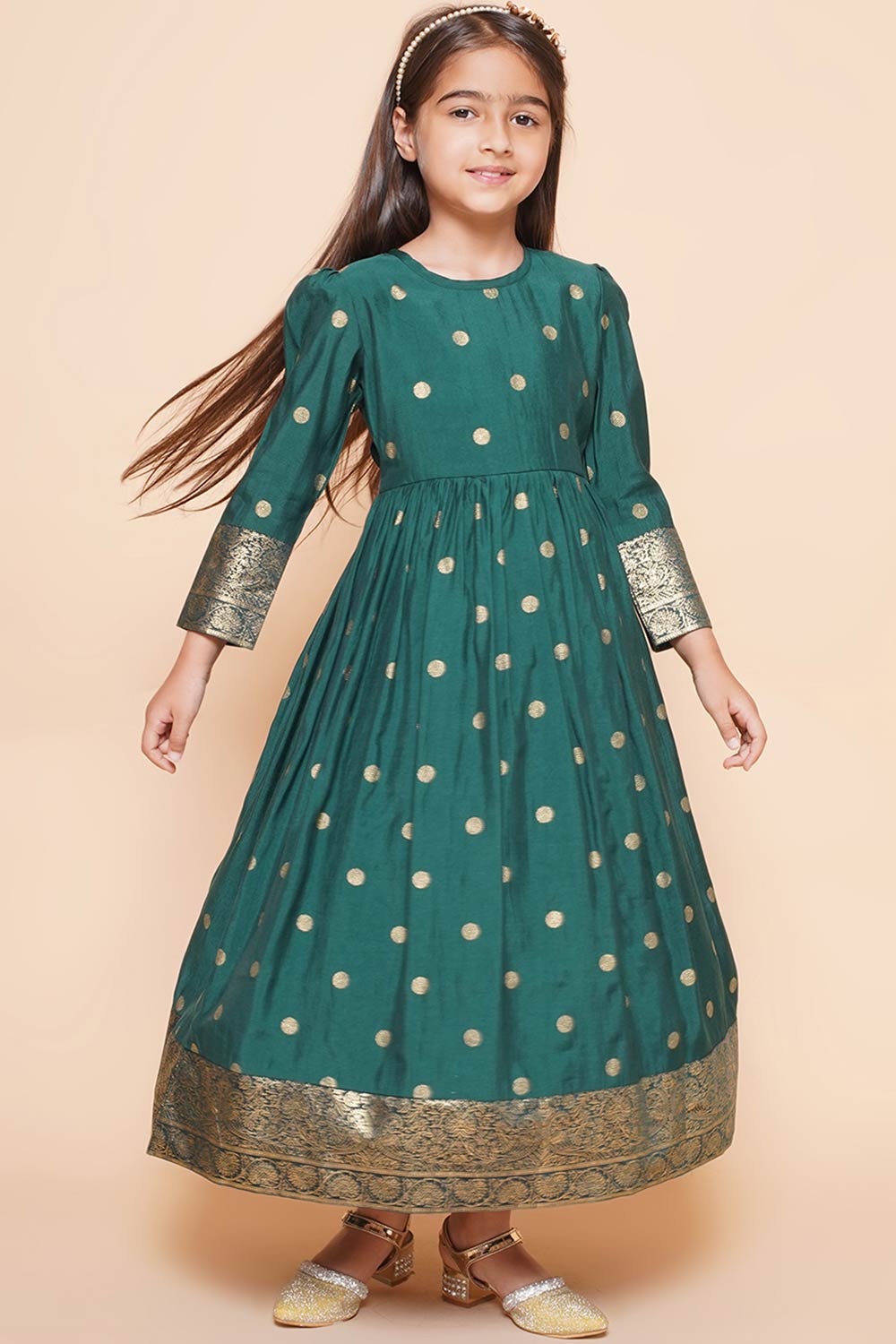 Green Polyester Printed Flared Round Neck Dresses