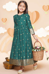 Green Polyester Printed Flared Round Neck Dresses