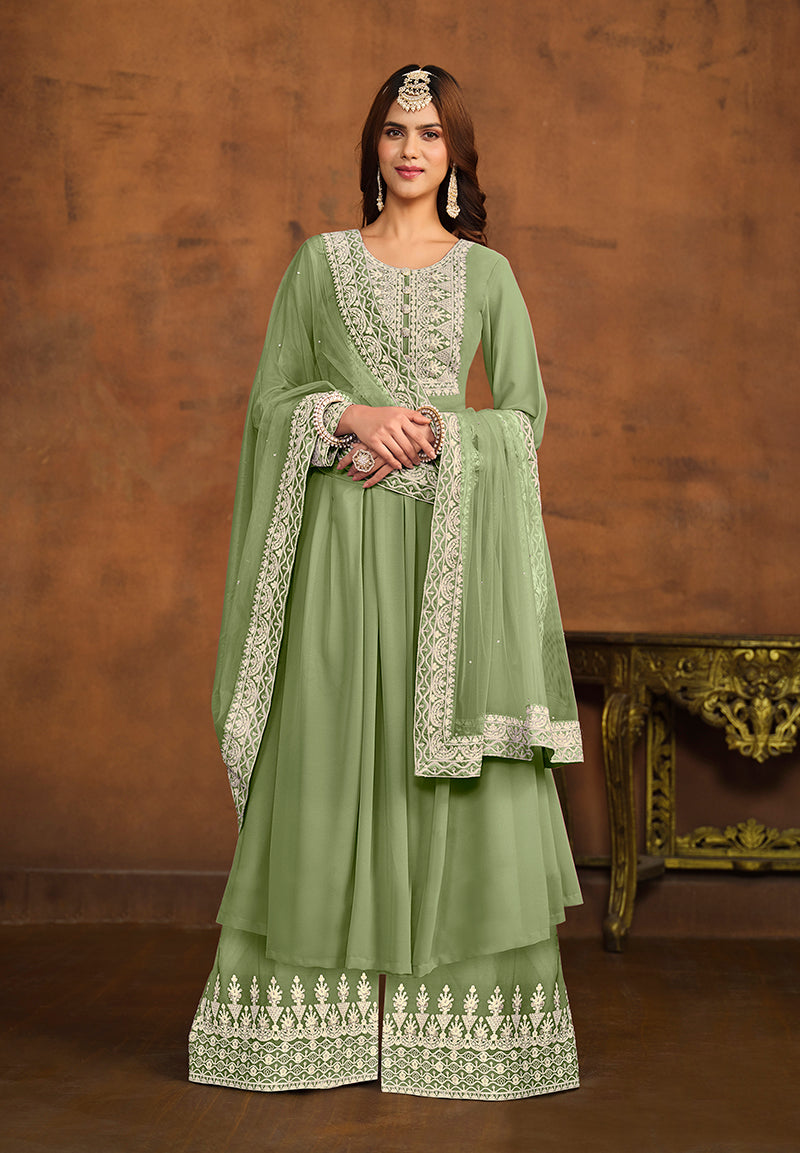 Mint Green Fancy Embroidered Faux Georgette Salwar Suit