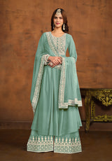Sky Blue Fancy Embroidered Faux Georgette Salwar Suit