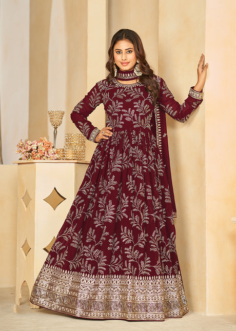 Maroon Sequins Faux Georgette Designer Salwar Suit