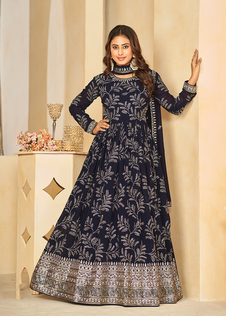 Navy Blue Sequins Faux Georgette Designer Salwar Suit