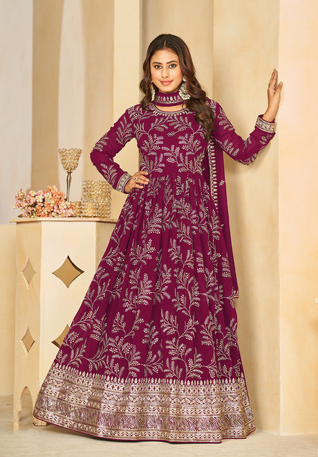 Wine Sequins Faux Georgette Designer Salwar Suit