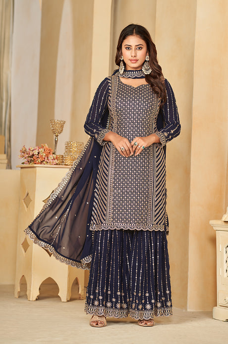 Navy Blue Embroidered Faux Georgette Salwar Suit