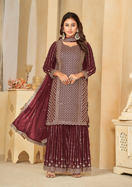 Maroon Embroidered Faux Georgette Salwar Suit