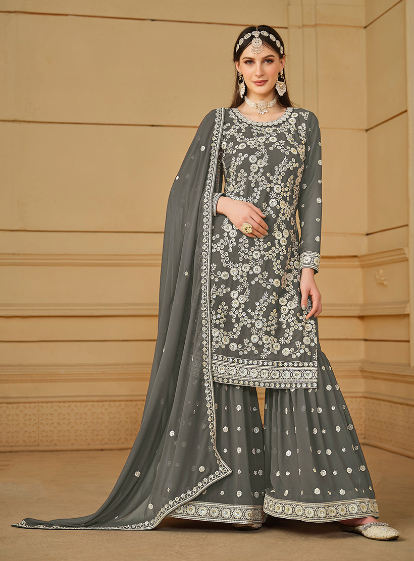 Faux Georgette Embroidered Grey Plazzo Suit