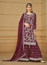 Faux Georgette Embroidered Wine Plazzo Suit