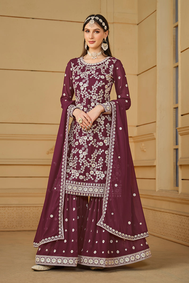Faux Georgette Embroidered Wine Plazzo Suit
