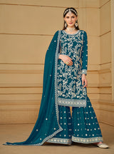 Faux Georgette Embroidered Teal Plazzo Suit