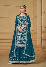 Faux Georgette Embroidered Teal Plazzo Suit