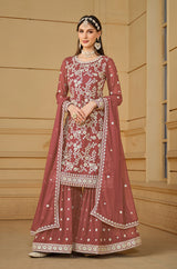 Faux Georgette Embroidered Rust Plazzo Suit