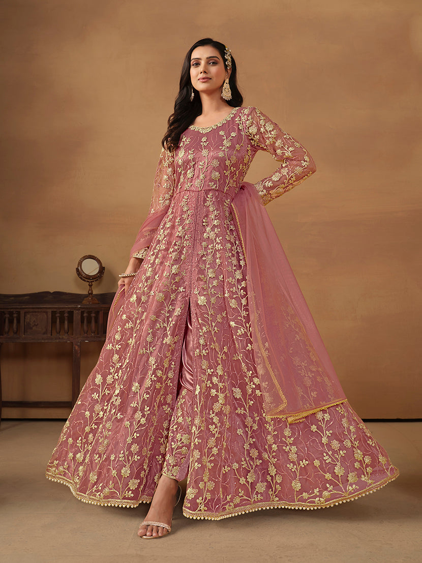 Net Embroidered Pant Style Suit In Pink