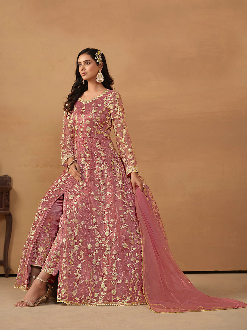 Net Embroidered Pant Style Suit In Pink