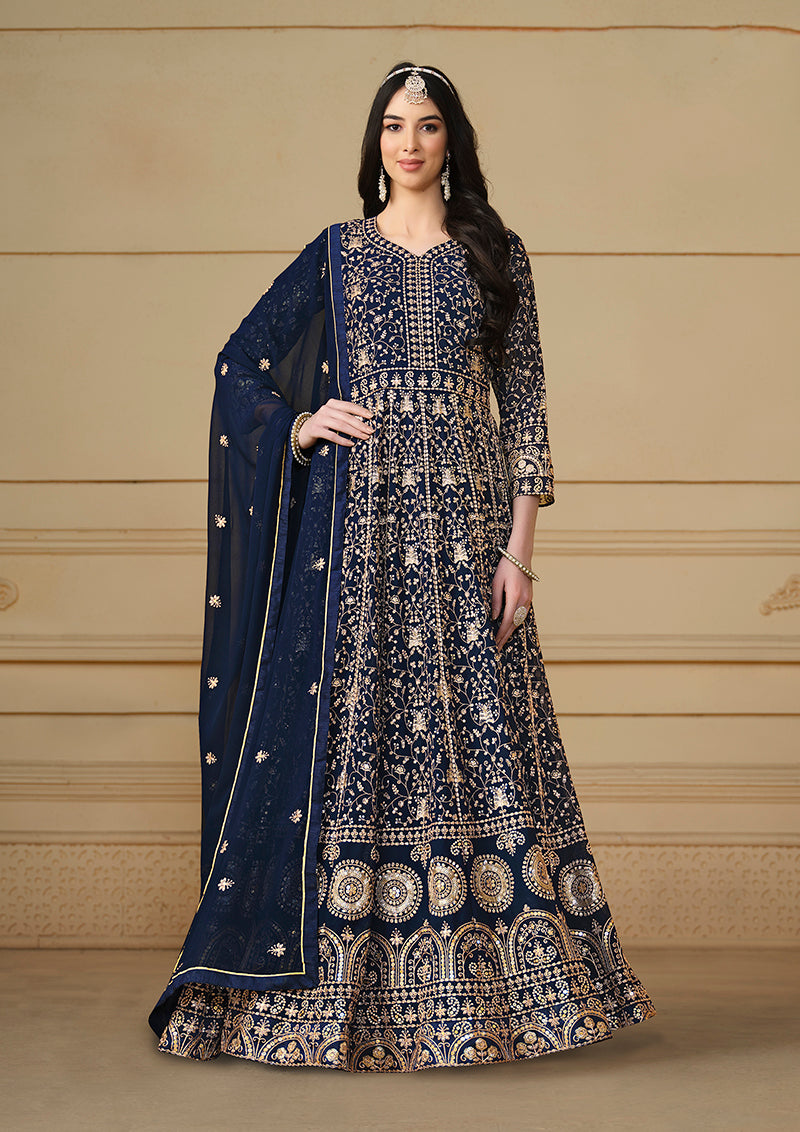 Faux Georgette Embroidered Navy Blue Anarkali Salwar Suit