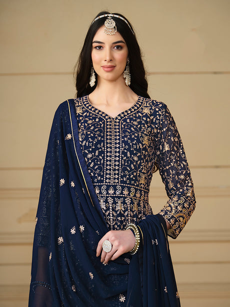 Faux Georgette Embroidered Navy Blue Anarkali Salwar Suit