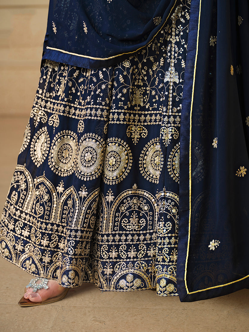 Faux Georgette Embroidered Navy Blue Anarkali Salwar Suit