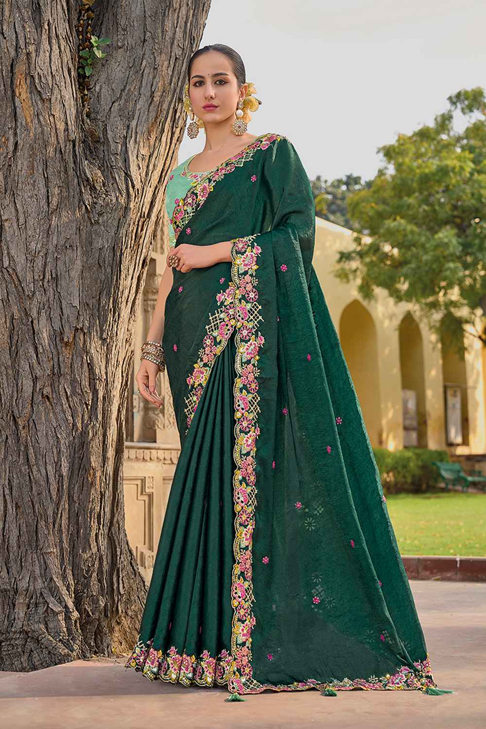 Green Organza Embroidered Saree