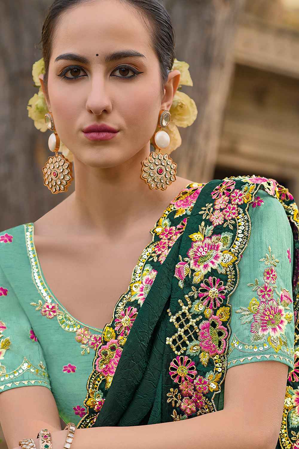 Green Organza Embroidered Saree