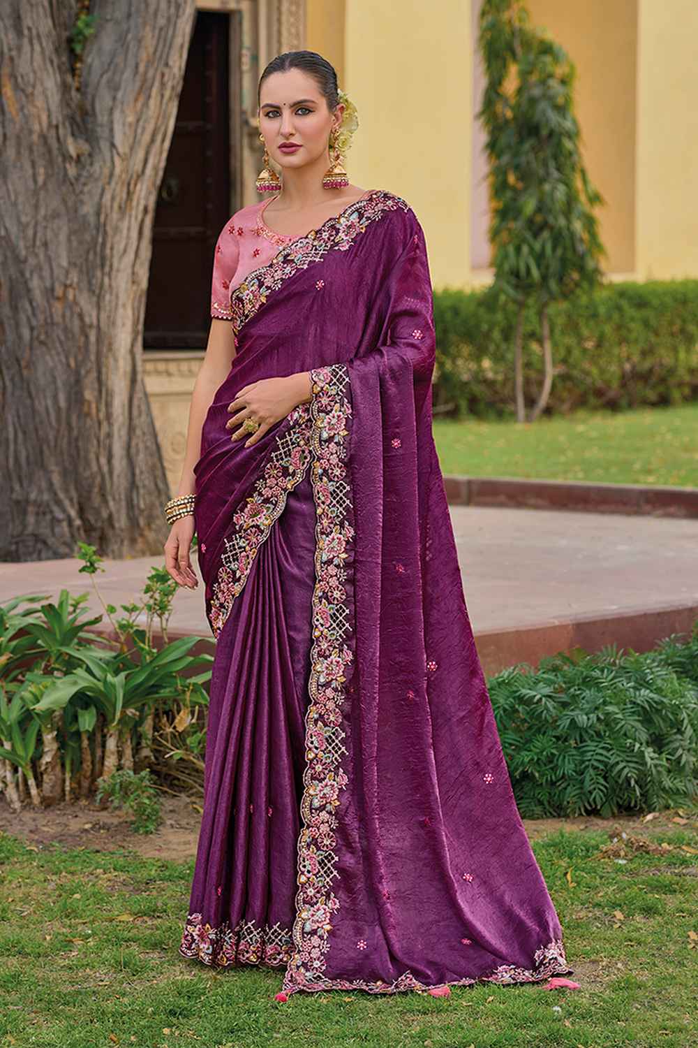 Violet Organza Embroidered Saree