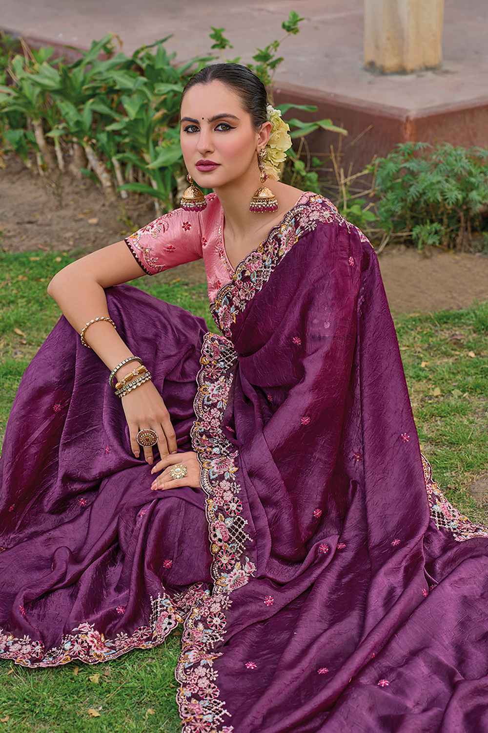 Violet Organza Embroidered Saree