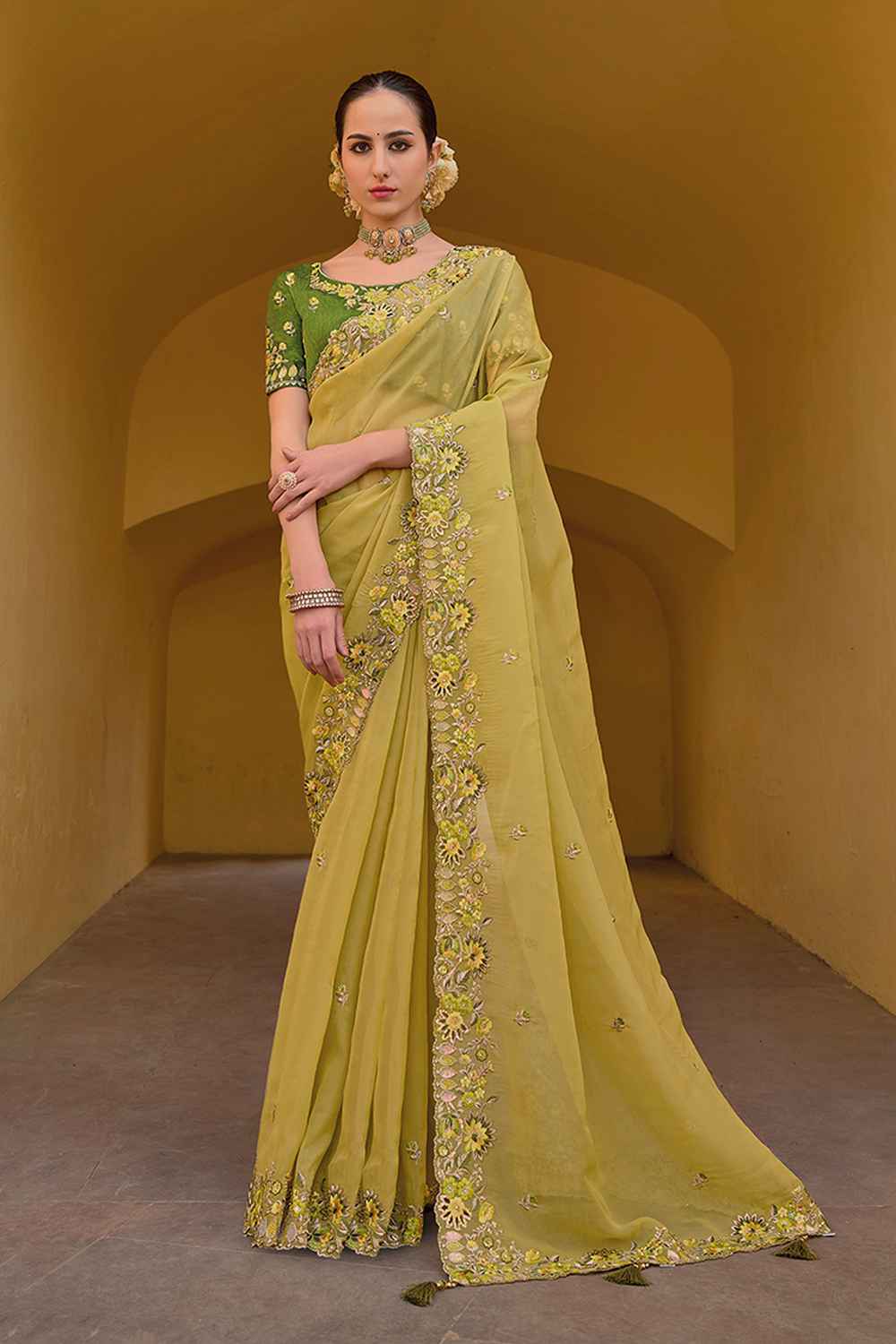 Yellow Organza Embroidered Saree