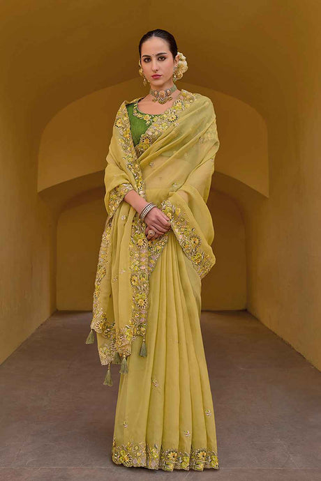 Yellow Organza Embroidered Saree