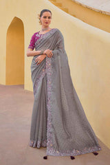 Grey Organza Embroidered Saree