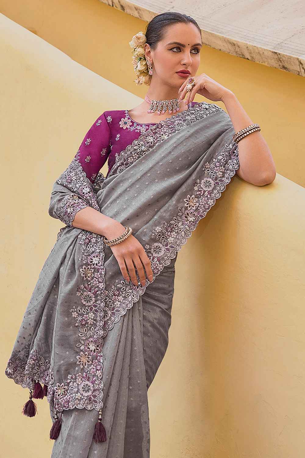 Grey Organza Embroidered Saree