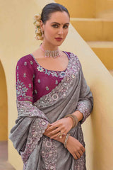 Grey Organza Embroidered Saree