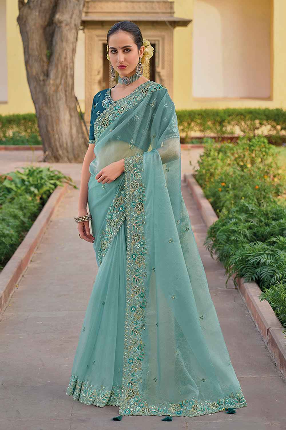 Turquoise Organza Embroidered Saree