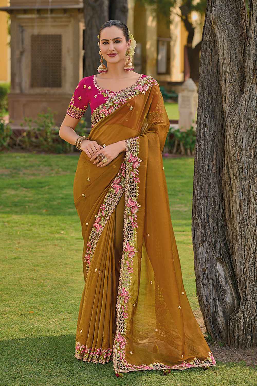 Brown Organza Embroidered Saree