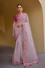 Pink Organza Embroidered Saree