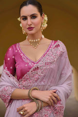 Pink Organza Embroidered Saree