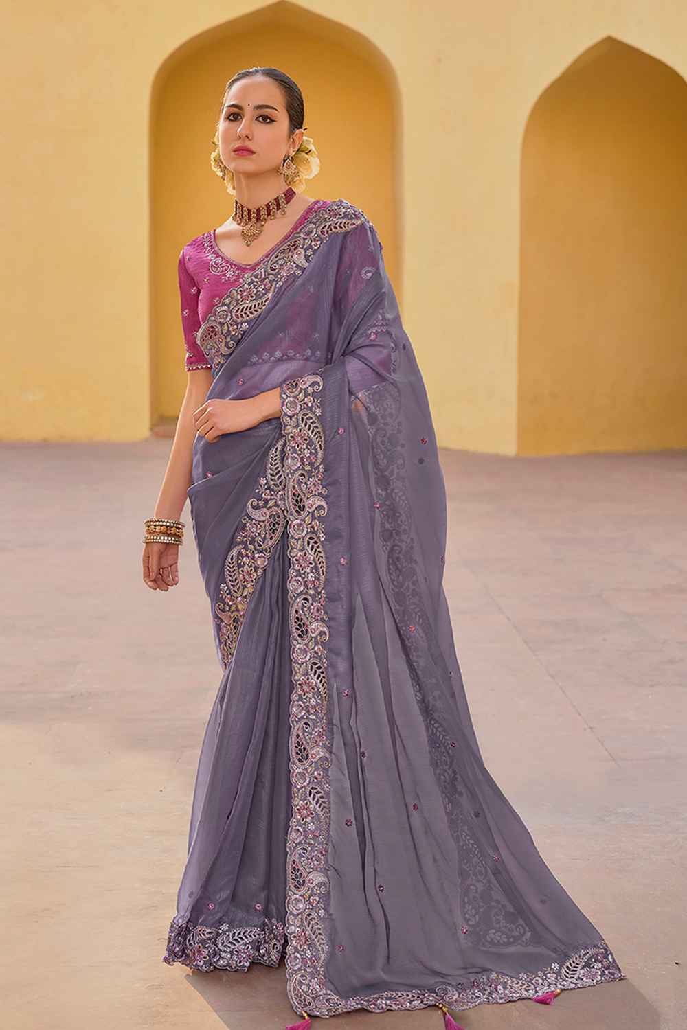 Grey Organza Embroidered Saree