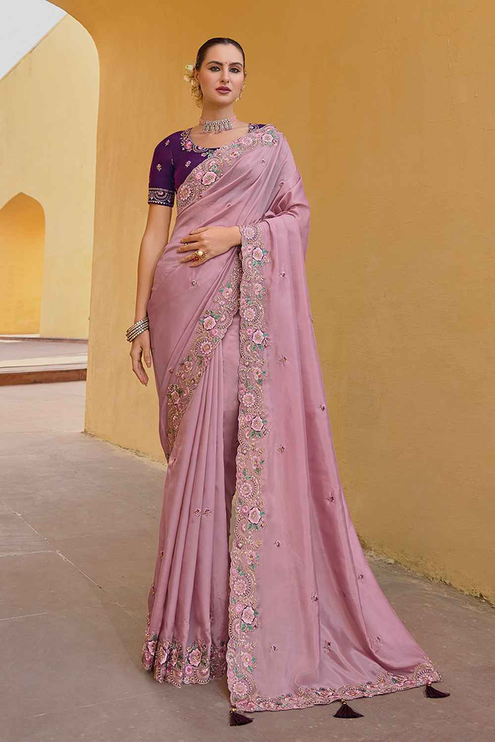 Pink Organza Embroidered Saree