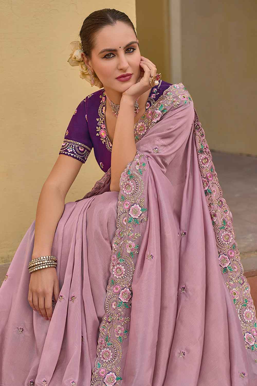 Pink Organza Embroidered Saree