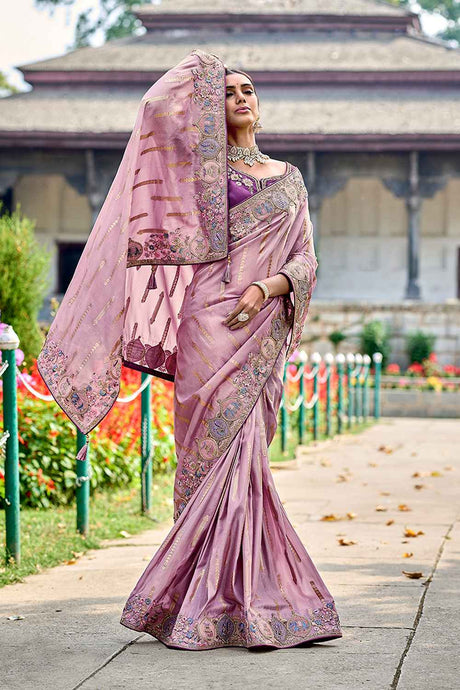 Violet Silk Embroidered Saree